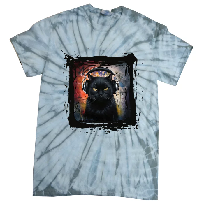 Dj Black Cat Graphic Feline Music Fun Style Tie-Dye T-Shirt