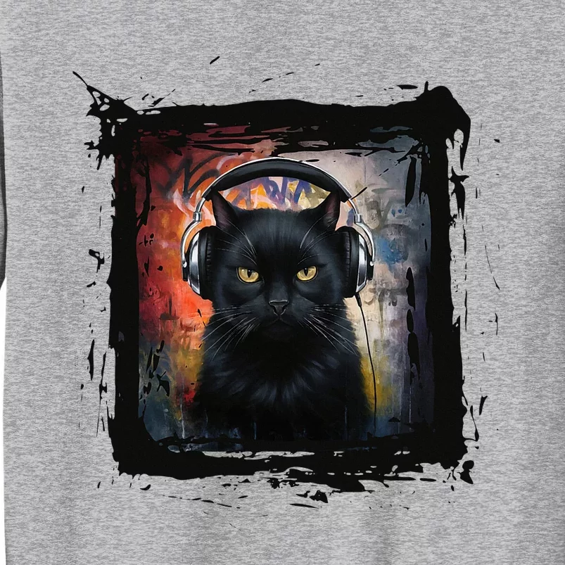 Dj Black Cat Graphic Feline Music Fun Style Tall Sweatshirt