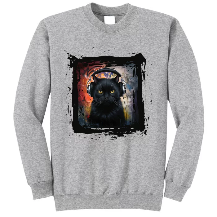 Dj Black Cat Graphic Feline Music Fun Style Tall Sweatshirt