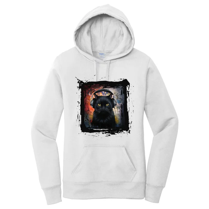 Dj Black Cat Graphic Feline Music Fun Style Women's Pullover Hoodie