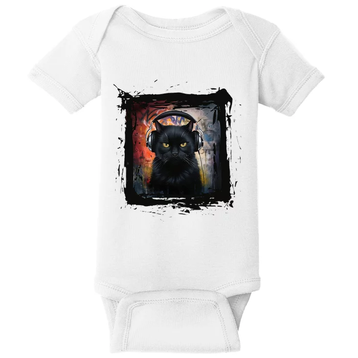 Dj Black Cat Graphic Feline Music Fun Style Baby Bodysuit