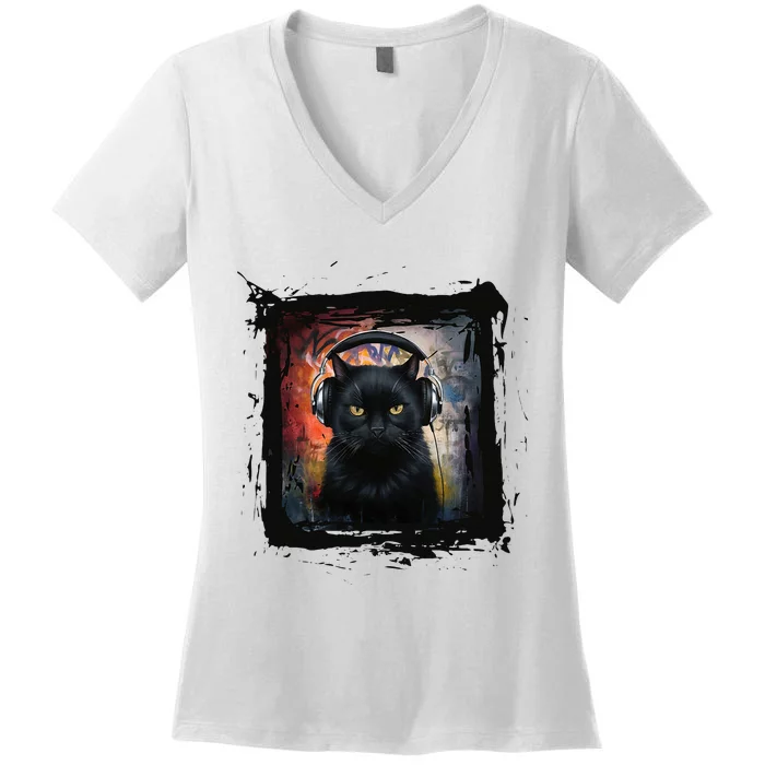 Dj Black Cat Graphic Feline Music Fun Style Women's V-Neck T-Shirt