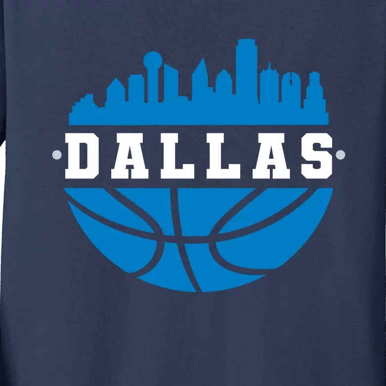 Dallas Basketball City Skyline Kids Long Sleeve Shirt