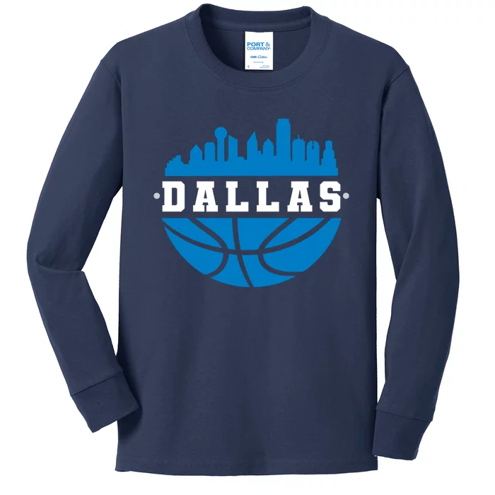 Dallas Basketball City Skyline Kids Long Sleeve Shirt