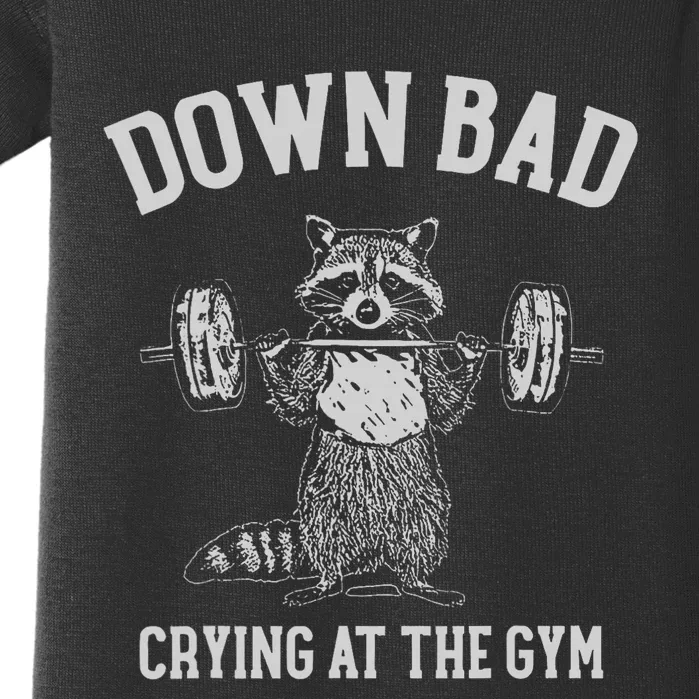 Down Bad Crying At The Gym Racoon Meme Baby Bodysuit