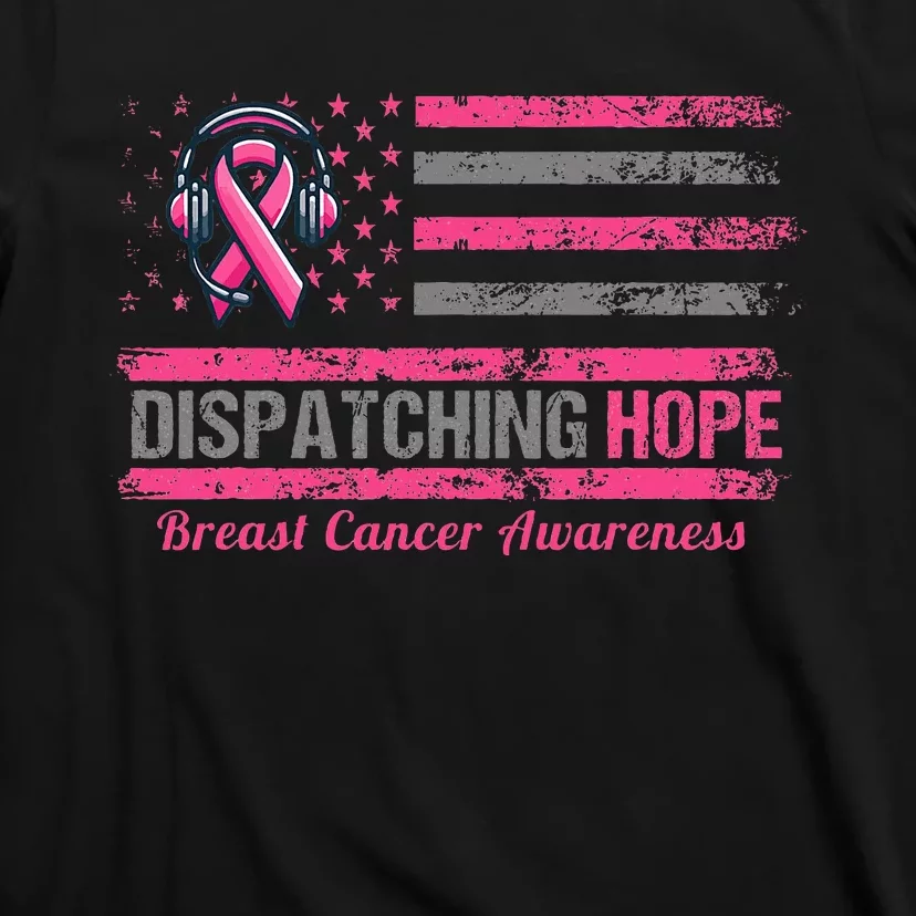 Dispatcher Breast Cancer Awareness Ribbon American Flag T-Shirt