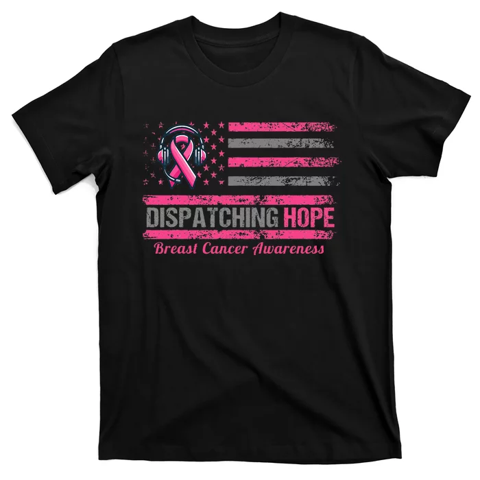 Dispatcher Breast Cancer Awareness Ribbon American Flag T-Shirt