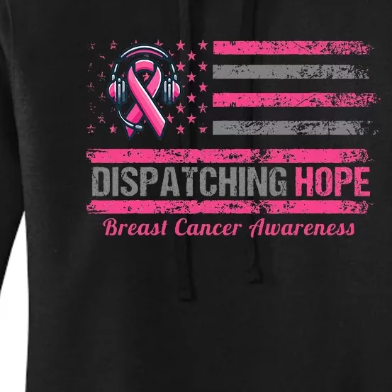 Dispatcher Breast Cancer Awareness Ribbon American Flag Women's Pullover Hoodie