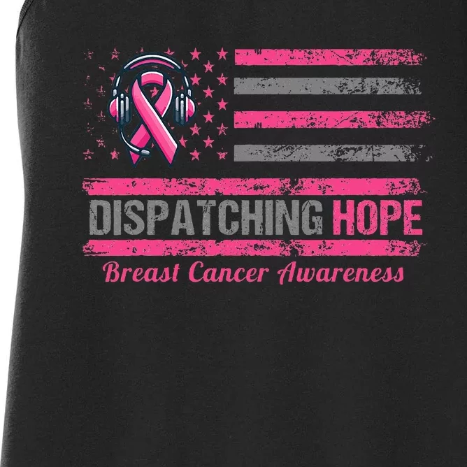 Dispatcher Breast Cancer Awareness Ribbon American Flag Women's Racerback Tank