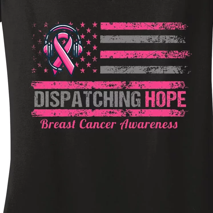 Dispatcher Breast Cancer Awareness Ribbon American Flag Women's V-Neck T-Shirt