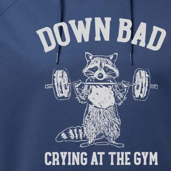 Down Bad Crying At The Gym Racoon Meme Performance Fleece Hoodie