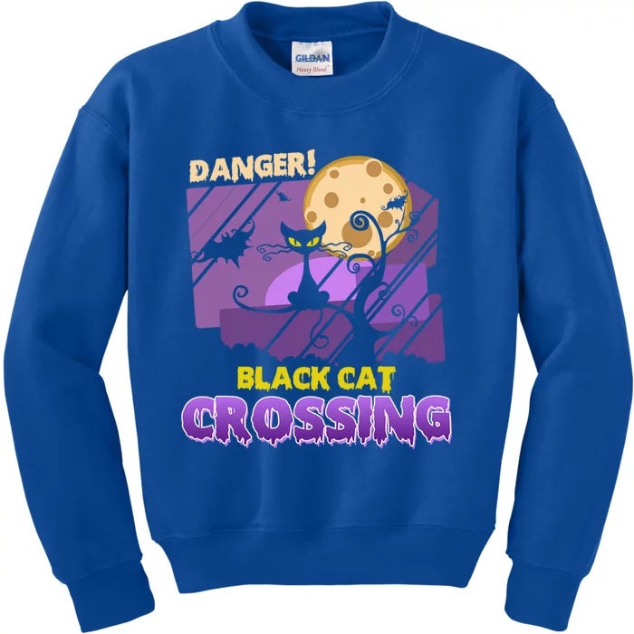 Danger Black Cat Crossing Funny Halloween Design Pets Lovers Gift Kids Sweatshirt