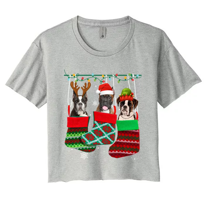 Dog Boxer Christmas Socks Funny Xmas Pajama Pet Puppy Gift Women's Crop Top Tee