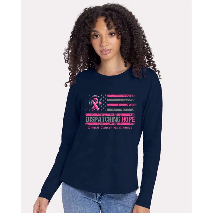 Dispatcher Breast Cancer Awareness Ribbon American Flag Womens Cotton Relaxed Long Sleeve T-Shirt