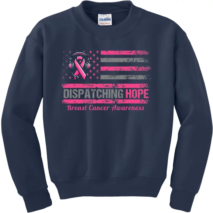 Dispatcher Breast Cancer Awareness Ribbon American Flag Kids Sweatshirt