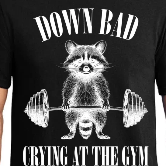 Down Bad Crying At The Gym Raccoon Meme Funny Workout Gym Meaningful Gift Pajama Set