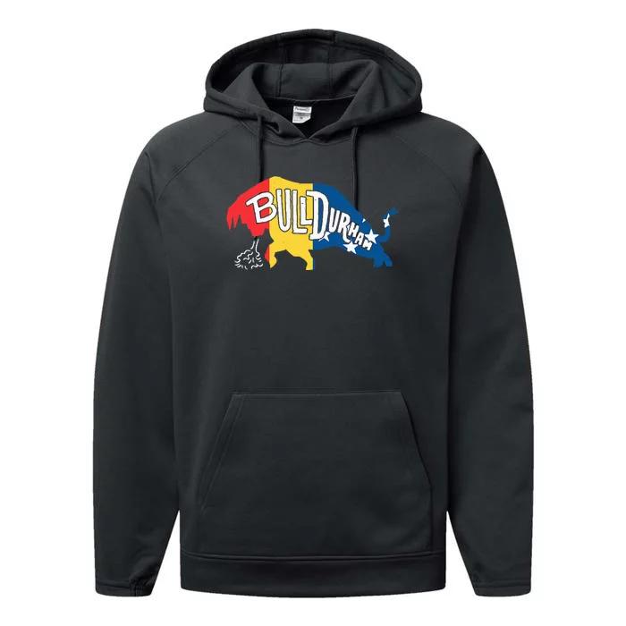 Durham Bull City North Carolina A Bull With Durham Flag Performance Fleece Hoodie