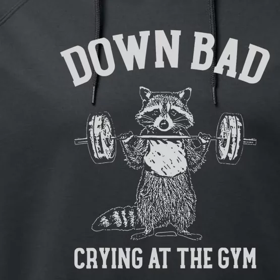 Down Bad Crying At The Gym Racoon Meme Performance Fleece Hoodie