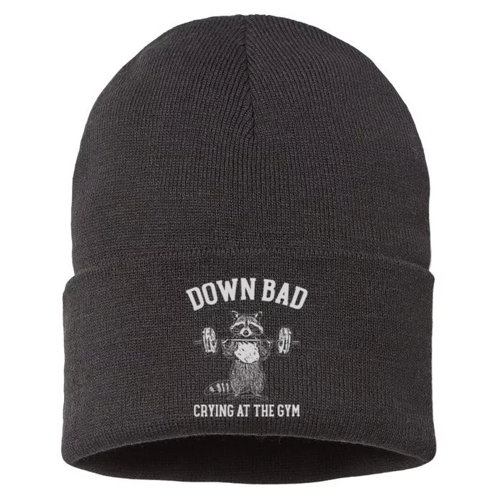 Down Bad Crying At The Gym Racoon Meme Sustainable Knit Beanie