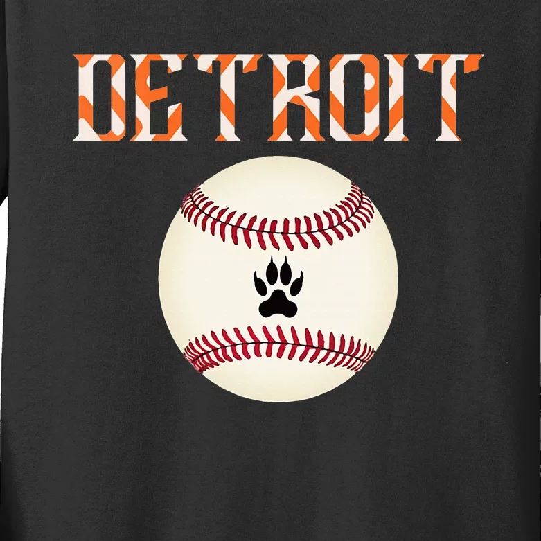 Detroit Baseball Dress Tiger Scratch And Giant Ball Kids Long Sleeve Shirt