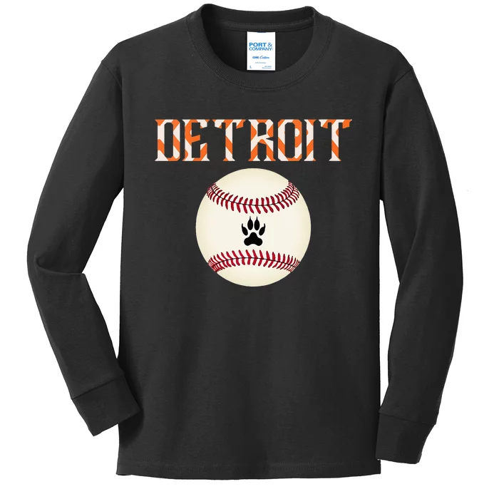 Detroit Baseball Dress Tiger Scratch And Giant Ball Kids Long Sleeve Shirt