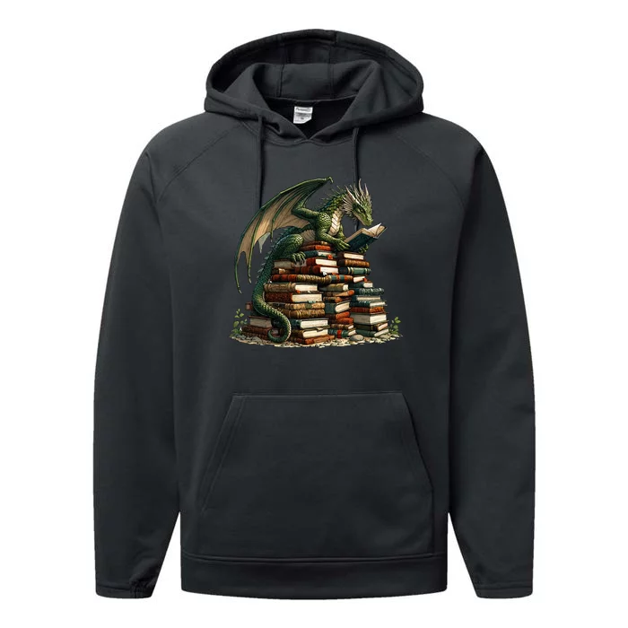 Distressed Bookworm Dragons Reading Book Dragons And Books Performance Fleece Hoodie