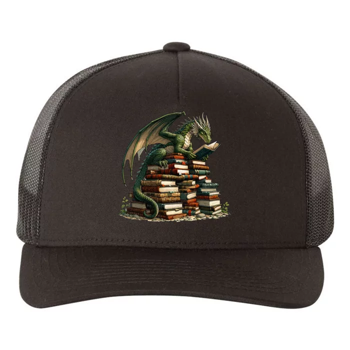 Distressed Bookworm Dragons Reading Book Dragons And Books Yupoong Adult 5-Panel Trucker Hat