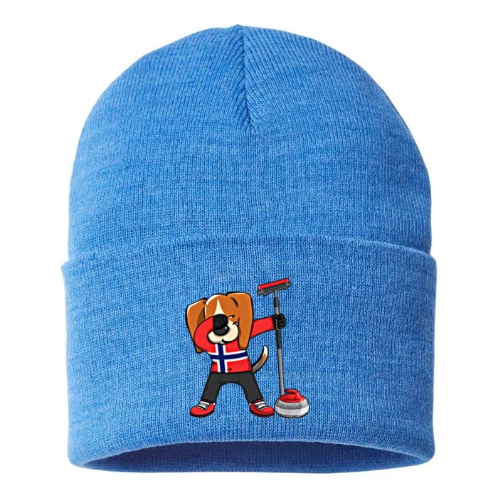 Dabbing Beagle Dog Norway Curling Lovers Jersey Winter Sport Gift Sustainable Knit Beanie