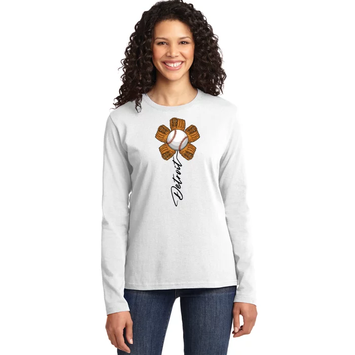 Detroit Baseball Flower Sports Fan Ladies Long Sleeve Shirt