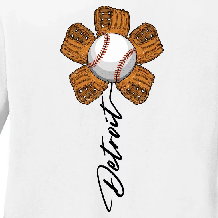 Detroit Baseball Flower Sports Fan Ladies Long Sleeve Shirt