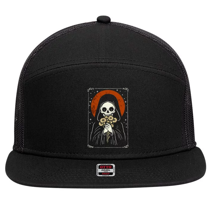 Death Brings Flowers Cute Reaper Skull And Bouquet 7 Panel Mesh Trucker Snapback Hat