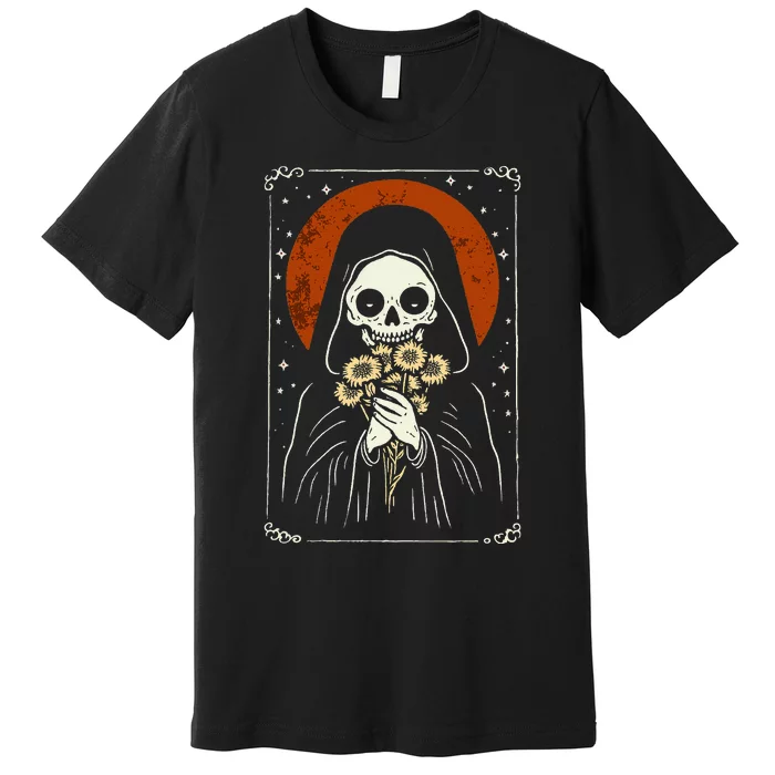 Death Brings Flowers Cute Reaper Skull And Bouquet Premium T-Shirt