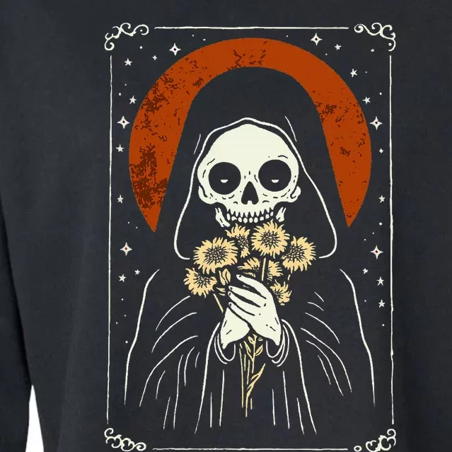 Death Brings Flowers Cute Reaper Skull And Bouquet Cropped Pullover Crew