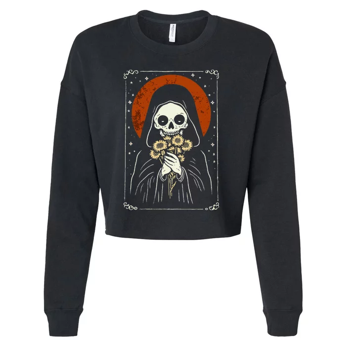 Death Brings Flowers Cute Reaper Skull And Bouquet Cropped Pullover Crew