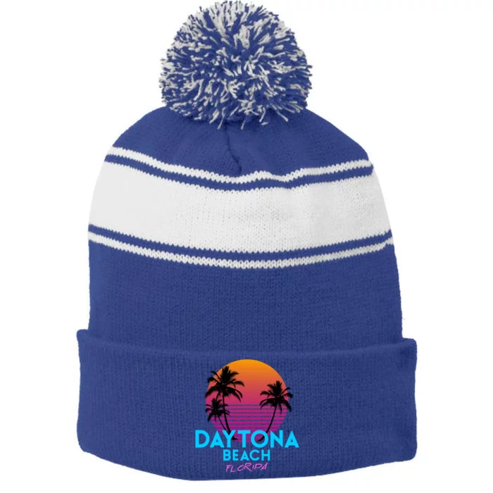 Daytona Beach Florida Retro 80s Gift Stripe Pom Pom Beanie