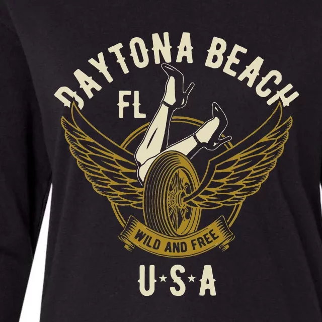 Daytona Beach Fl Legs In Heels Hotrod Biker Wings Womens Cotton Relaxed Long Sleeve T-Shirt