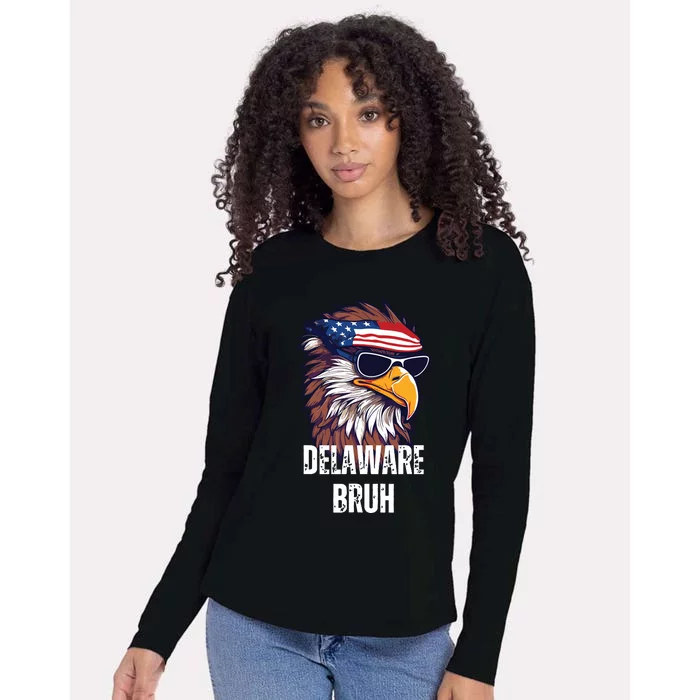 Delaware Bruh Funny Usa Bald Eagle American Flag Womens Cotton Relaxed Long Sleeve T-Shirt