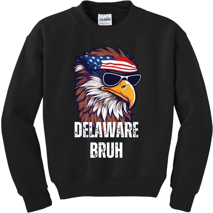 Delaware Bruh Funny Usa Bald Eagle American Flag Kids Sweatshirt