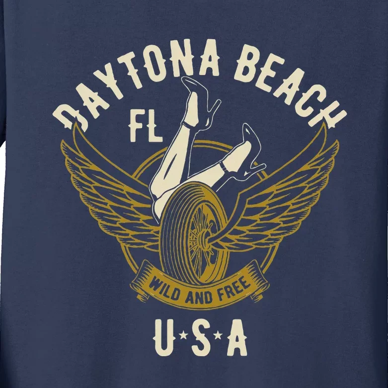 Daytona Beach Fl Legs In Heels Hotrod Biker Wings Design Kids Long Sleeve Shirt