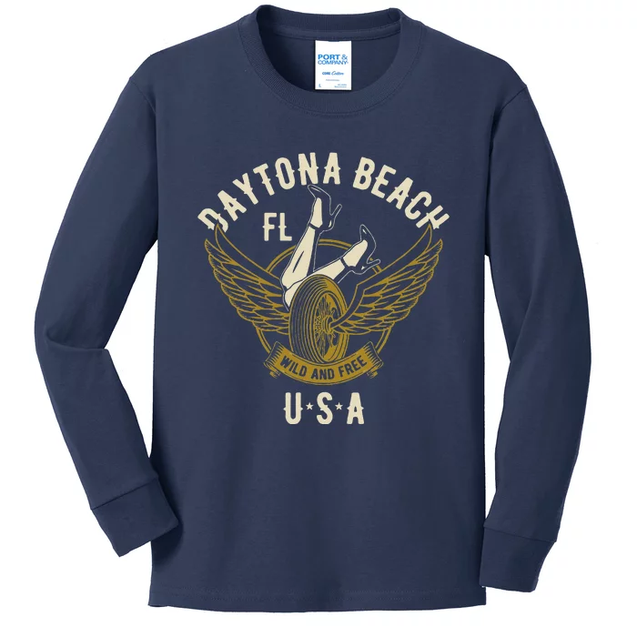 Daytona Beach Fl Legs In Heels Hotrod Biker Wings Design Kids Long Sleeve Shirt