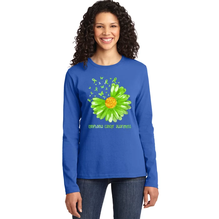 Daisy Butterfly Green Ribbon Lymphoma Cancer Awareness Gift Ladies Long Sleeve Shirt