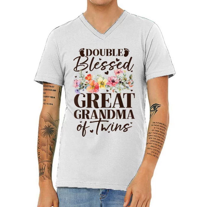 Double Blessed Great Grandma Of Twins Funny Twin V-Neck T-Shirt