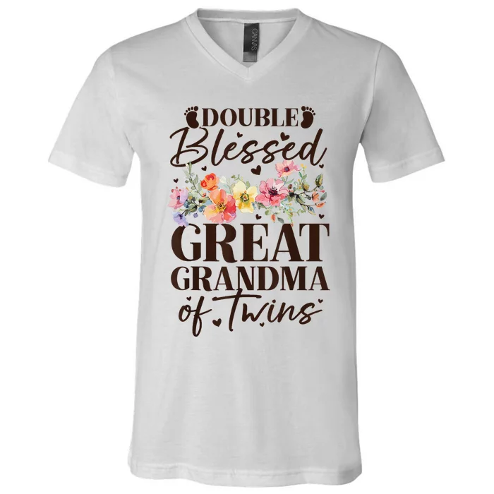 Double Blessed Great Grandma Of Twins Funny Twin V-Neck T-Shirt