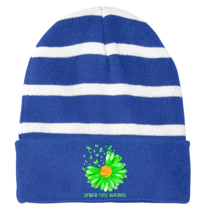 Daisy Butterfly Green Ribbon Cerebral Palsy Awareness Gift Striped Beanie with Solid Band