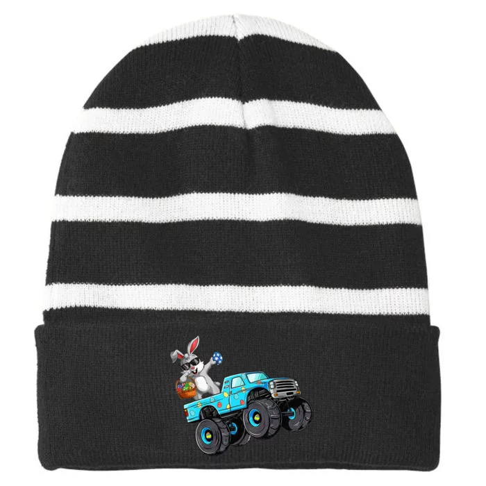 Dabbing Bunny Happy Easter Monster Truck Lovers Striped Beanie with Solid Band