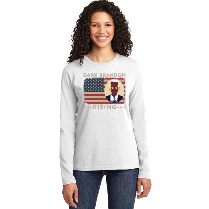 Dark Brandon Is Rising Dark Brandon Rises Pro Biden Usa Flag Ladies Long Sleeve Shirt