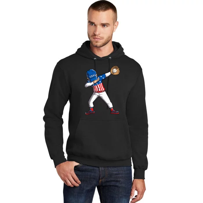 Dabbing Baseball Player 4th Of July USA American Flag Boy Tall Hoodie