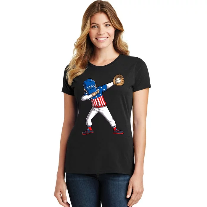 Dabbing Baseball Player 4th Of July USA American Flag Boy Women's T-Shirt