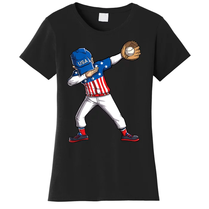 Dabbing Baseball Player 4th Of July USA American Flag Boy Women's T-Shirt