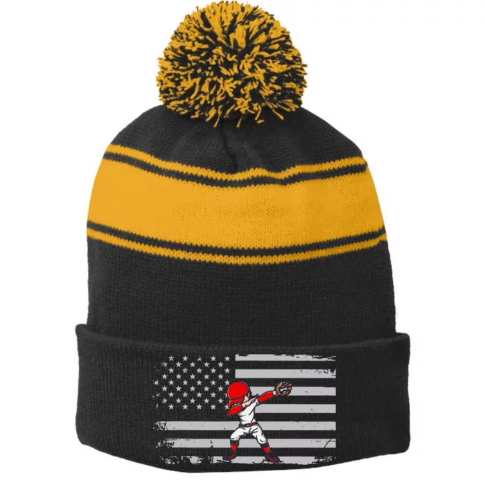 Dabbing Baseball Player 4th of July Baseballer Stripe Pom Pom Beanie